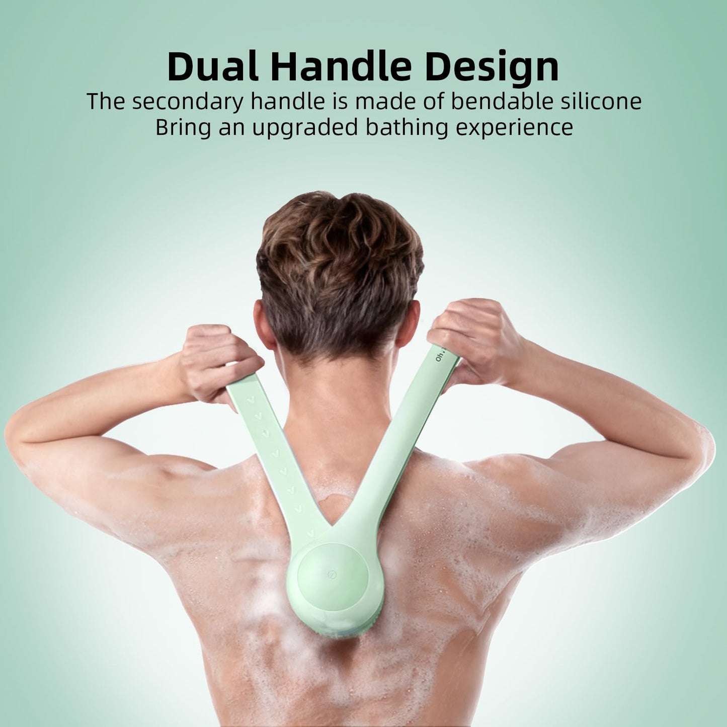 Oh,XIYU. Electric Body Brush Back Scrubber for Shower, Waterproof Long Dual Handle Body Scrubber with 3 Heads, Bath Brush & 2 Speeds, for Cleansing, Exfoliating and Massaging Skin, Pale Cypress Green