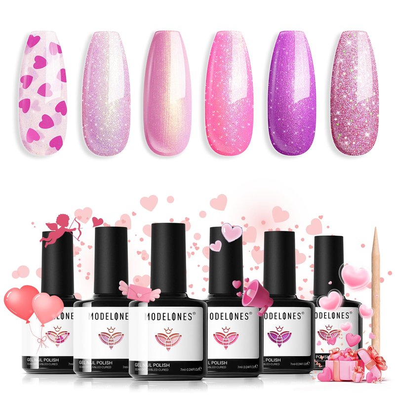 Modelones Gel Nail Polish Set - 6 Vibrant Valentine's Day Colors | Glitter & Shimmer Shades for DIY Nail Art