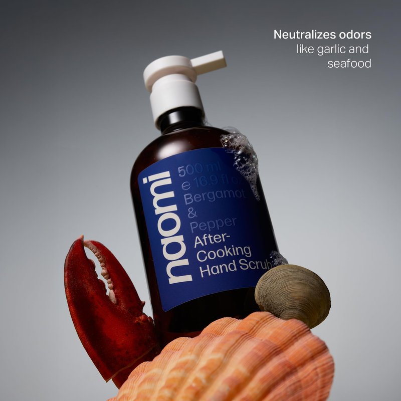 Naomi After-Cooking Hand Scrub | Odor Neutralizing Exfoliating Hand Wash for Kitchen | Removes Garlic Seafood Smells | Gentle Non-Drying Jojoba Pumice Hand Soap (Bergamot & Pepper)