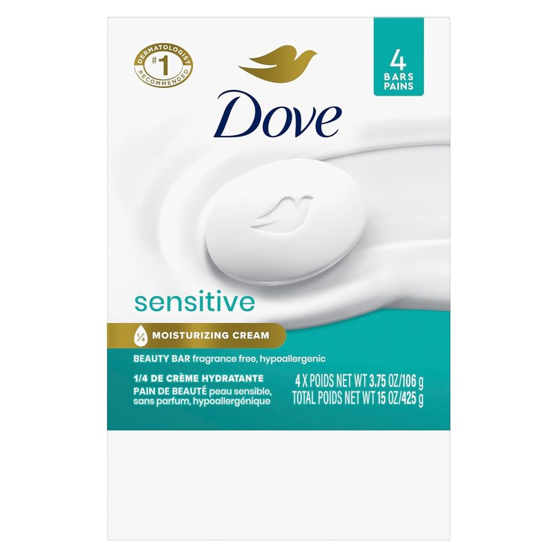 Dove Beauty Bar Soap for Sensitive Skin - Fragrance-Free & Hypoallergenic | 4 Bars, 3.75 oz Each
