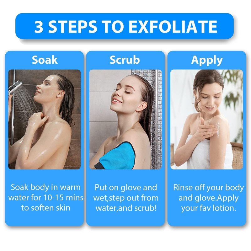 Exfoliating Gloves 2 Pcs, Exfoliating Body Scrubber for Bath Shower Exfoliation, Body Scrub Exfoliator Loofah Sponge for Dead Skin Remover, Korean Exfoliating Mitt (Blue)