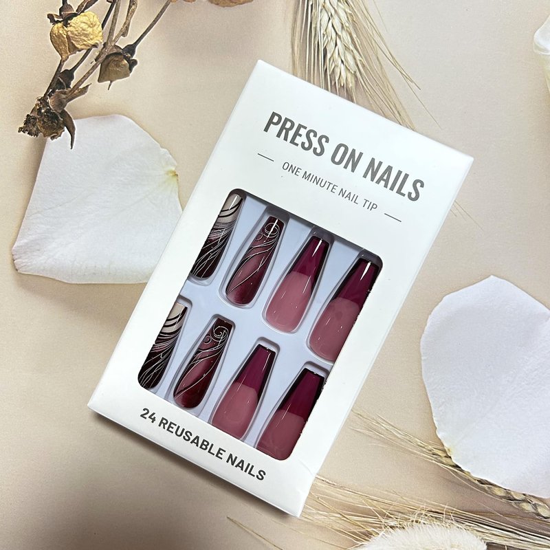 Press On Nails - Medium Length Red French Design with Gold Lines | Reusable Acrylic Full Cover 24 Pcs