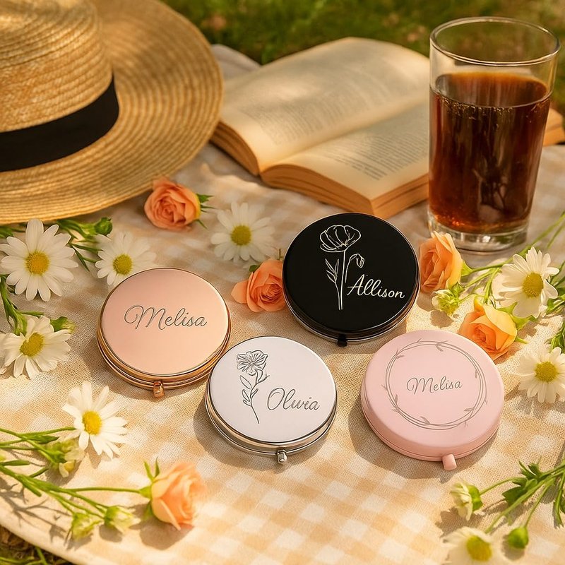 Personalized Compact Mirror for Women, Custom Laser Engraved Pocket Mirror, 1X/2X Magnifying Travel Makeup Mirror for Purse–Gift for Bridesmaid, Wedding, Birthday, Mom, Friend, Sister, Wife, Valentine
