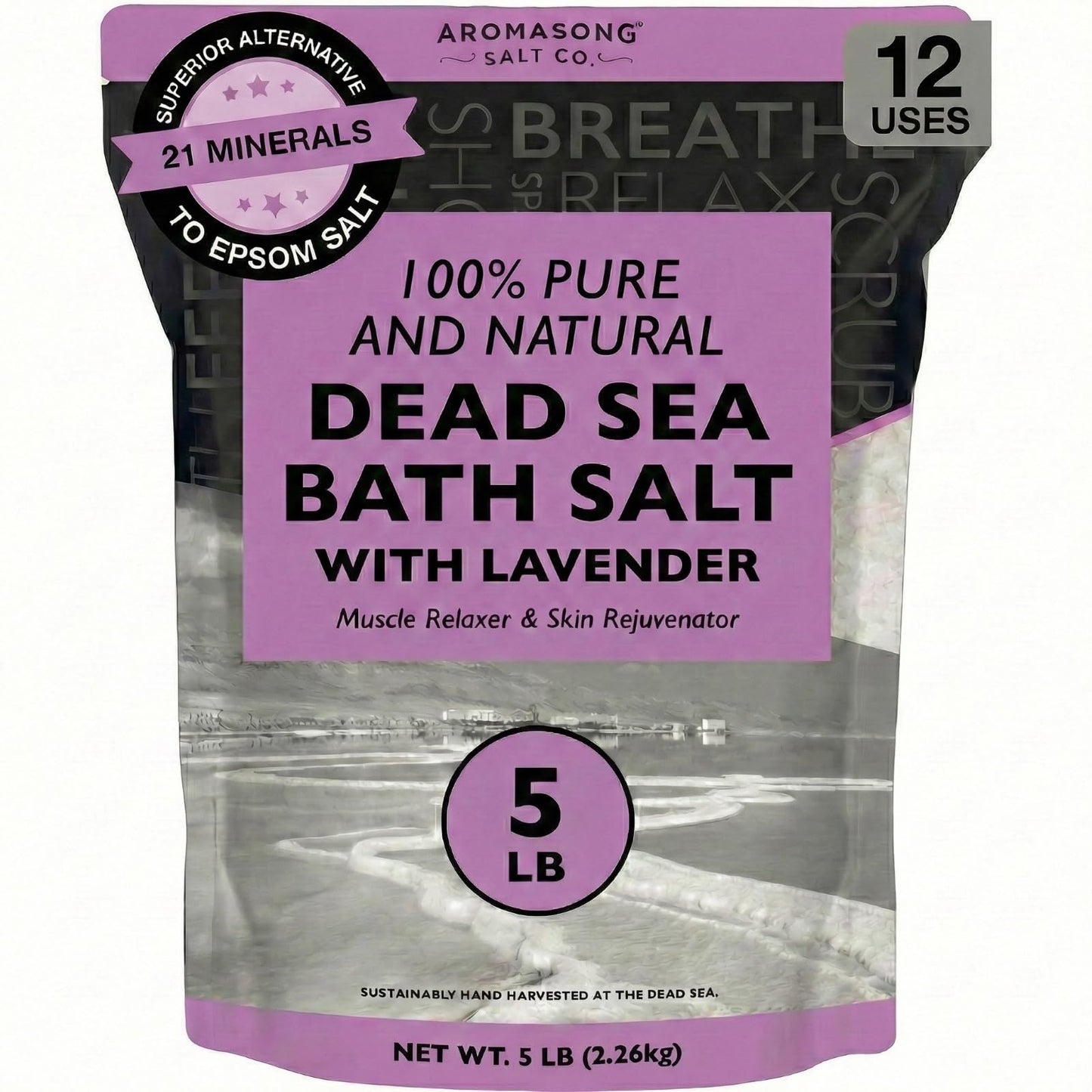 Aromasong Pure Dead Sea Salt for Soaking with 100% Natural Lavender, 5 LB - Spa Bath Salt Fine Grain - Body Wash Scrub - Soak for Women & Men- Bulk Resealable Pack (Packaging May Vary)