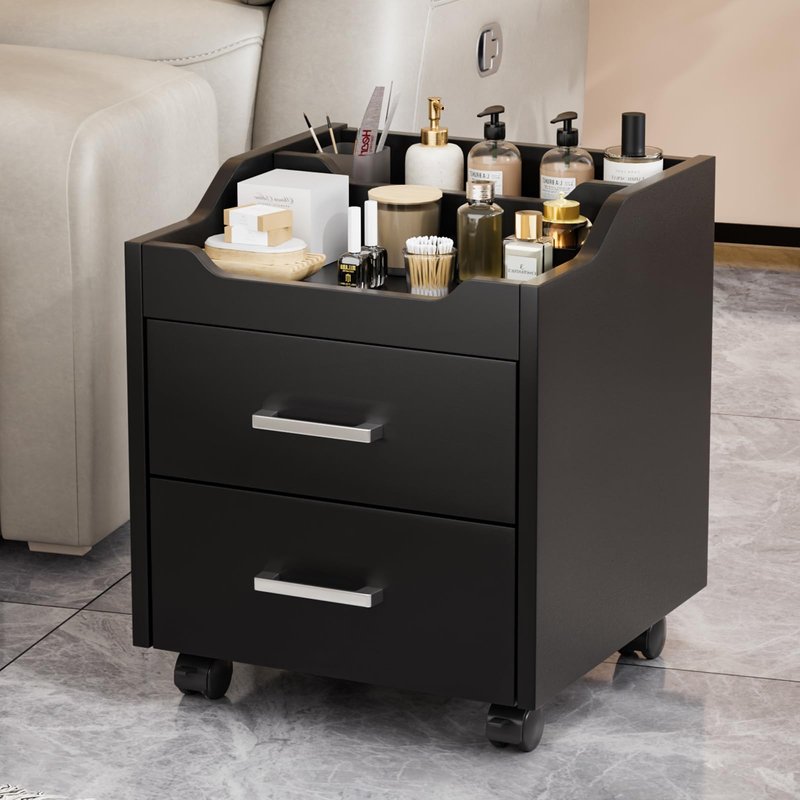 OmySalon Pedicure Cart, Foot Bath Trolley with 2 Storage Drawer, Portable Nail Esthetician Cart for Manicure & Foot Massage, Beauty Spa Supplies with Locking Wheels, Black