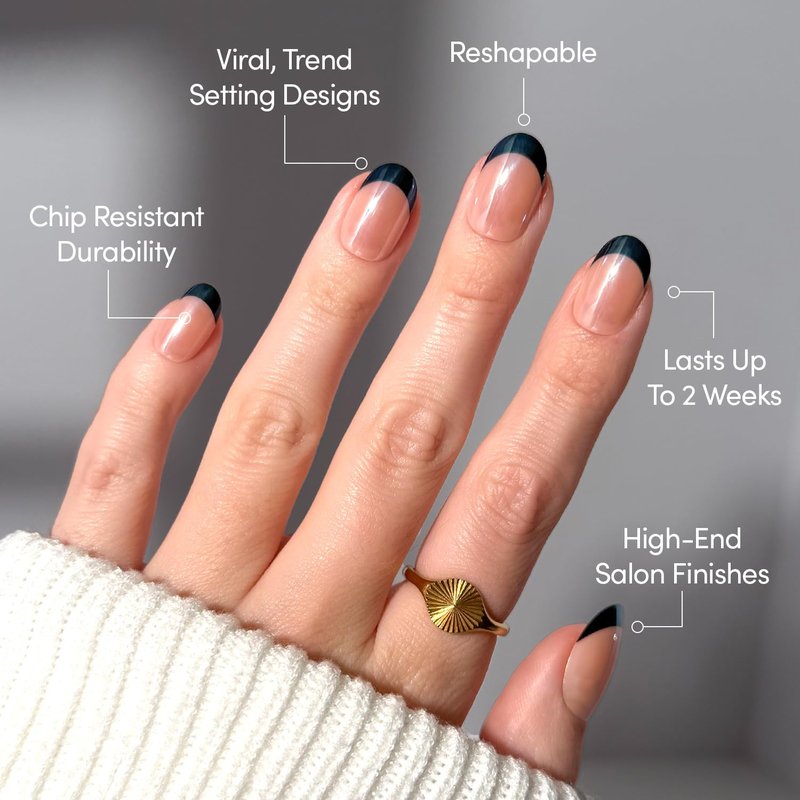 Glamnetic Press On Nails - Short Round Fake Nails, Black French Tip Nails, Onyx Glaze | 12 Sizes - 30 Nail Kit with Glue