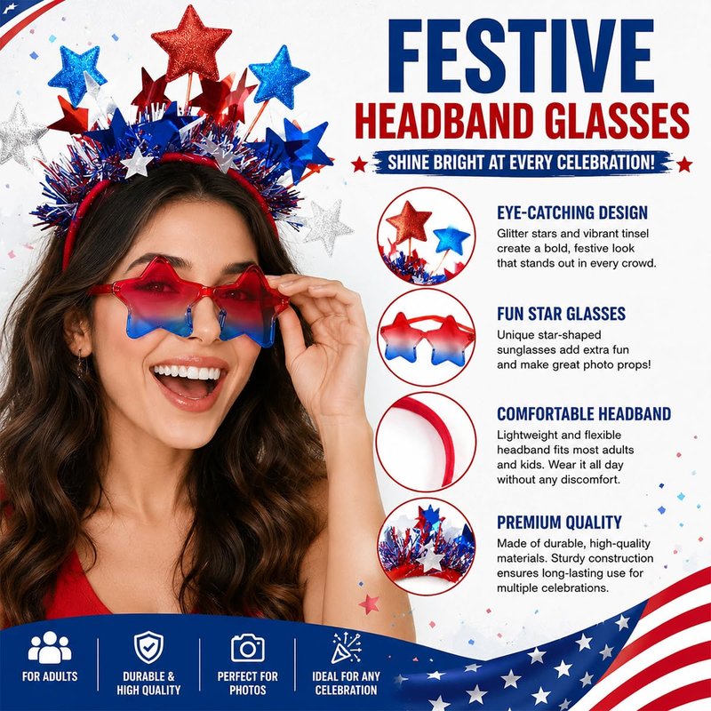 4th of July Patriotic Accessories Set - Star Headband & Gradient Star Sunglasses | Red, White & Blue