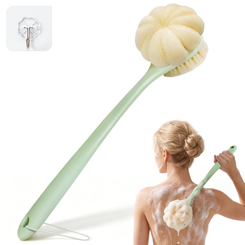 CYMPHW Back Scrubber for Shower, 15.7" Loofah with Handle, Back Shower Brush with Bristles and Loofah, Dry Brushing Body Brush for Cleanse Back and Hard to Reach Areas with Curved Long Handle