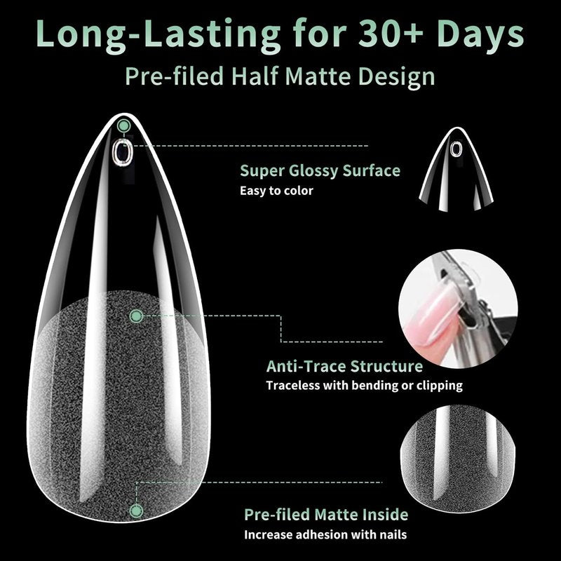 Medium Stiletto Nail Tips - 216pcs Acrylic Soft Fake Nails | Full Cover Matte Clear Press-On for DIY Manicure, 12 Sizes