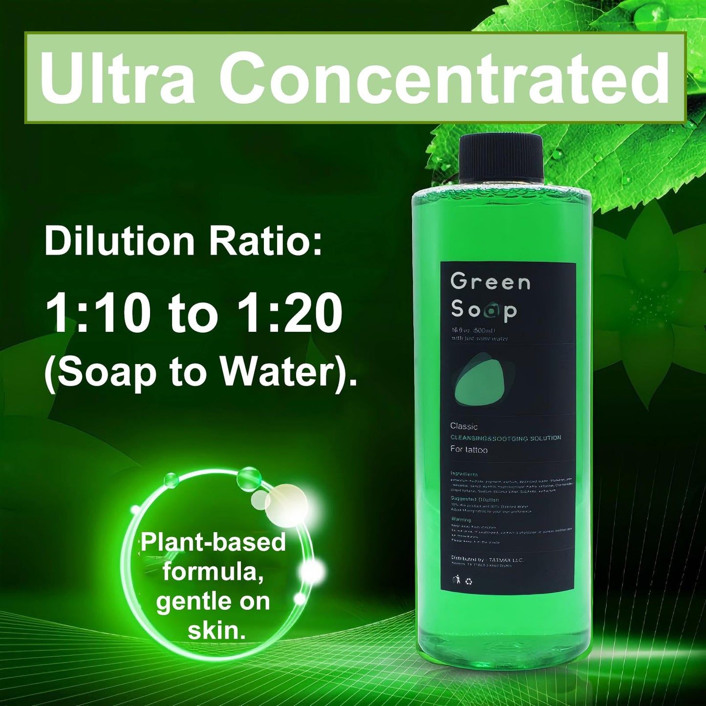 16.9oz Green Soap Tattoo Kit, Urknall Ultra Concentrated 16.9oz Green Soap with 8oz Squeeze Bottle for Tattooing & Piercing Care, Gentle Vegan Formula for Professional Tattoo Supplies