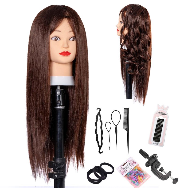 Mannequin Head - 80% Human Hair Cosmetology Training Tool | 26-28" Straight Brown Doll Head