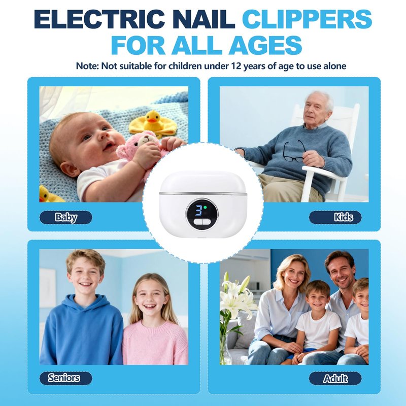Electric Nail Clippers for Fingers and Toes, 3 in 1 Smart Nail Clipper Adjustable Speeds Rechargeable with Polishing LED Light for Seniors, Kids, Adults White