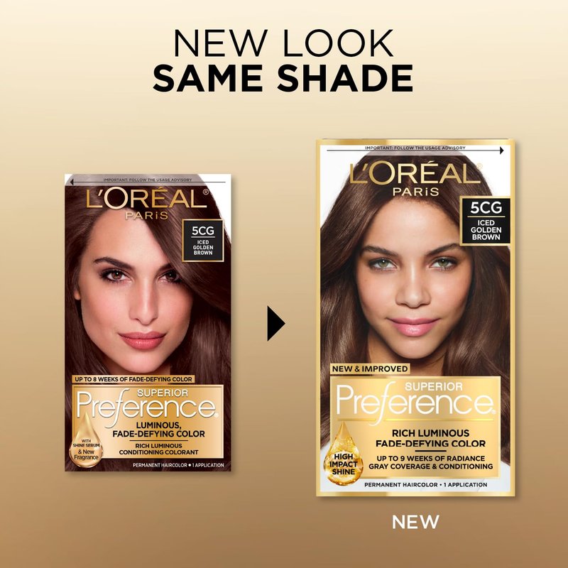 L'Oreal Paris Superior Preference Luminous Fade-Defying Permanent Hair Color, Hair Dye For Up to 9 Weeks of Radiance, Iced Golden Brown 5CG, 1 Hair Dye Kit