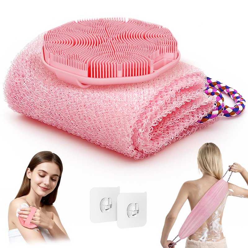 Manmihealth Soft Silicone Body Scruuber & African Bath Sponge Net Set, Gentle-Cleansing Shower Brush & Exfoliating Mesh Combination, Lathering Well Africa Wash Net Shower Scrubber (Pink)