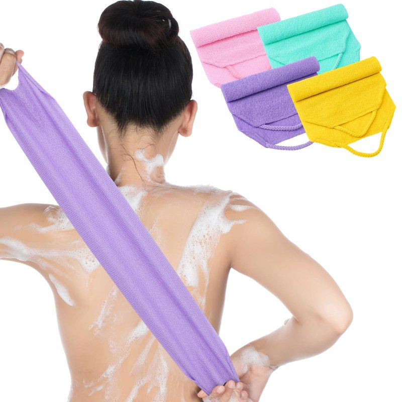 DOPENSPI 4PCS Exfoliating Back Scrubber with Handles, Nylon Double-Sided Exfoliator Extended Length Stretchable Body Exfoliating Washcloth Pull Strap Back Washer for Women Men(B)
