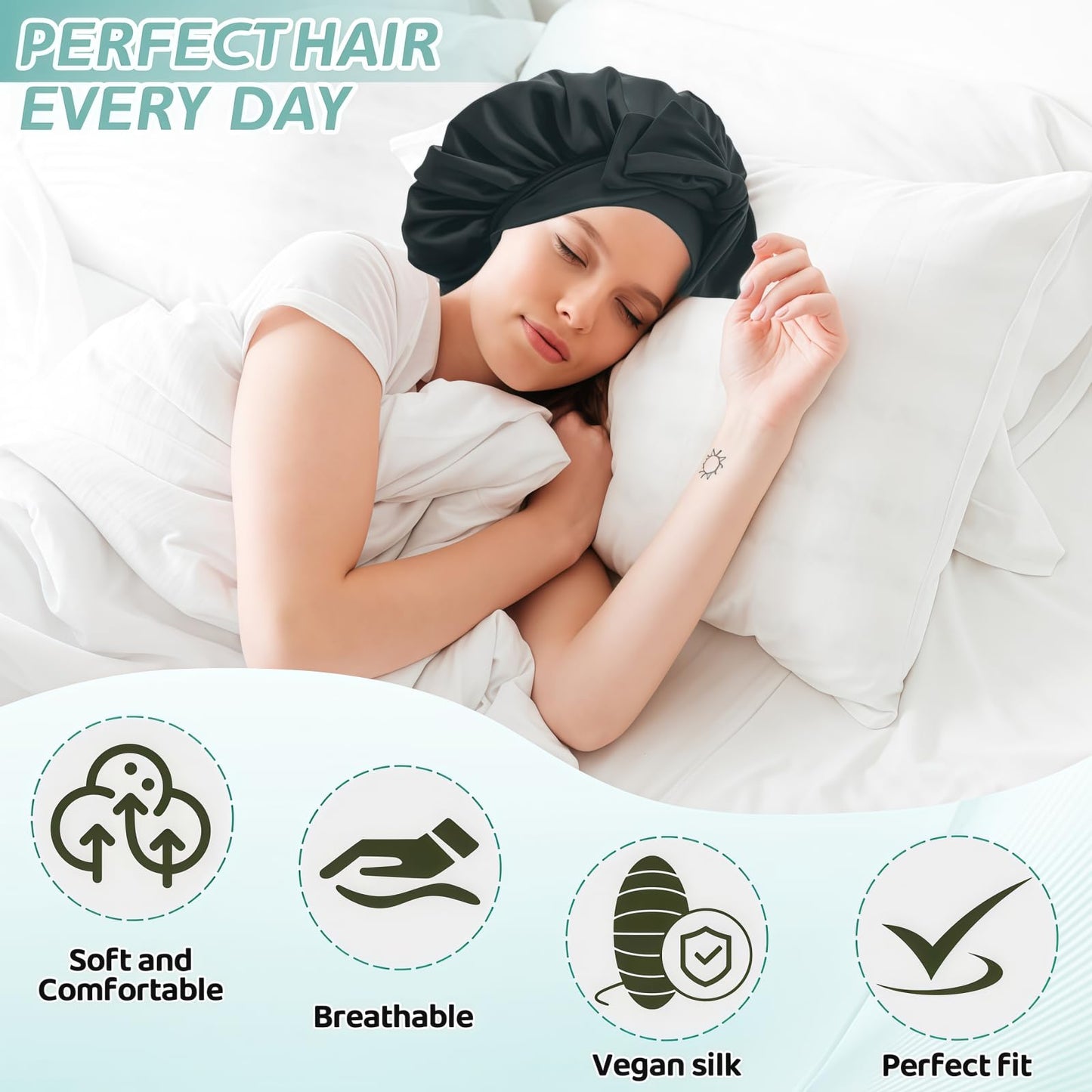 VECIIR Silk Bonnet for Sleeping Women, Ajustable Hair Bonnet for Curly Hairs Satin Bonnet Reduce Friction Prevent Frizz Black，Large