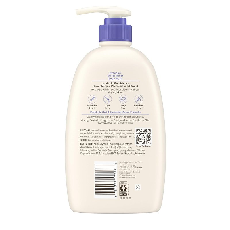 Aveeno Stress Relief Body Wash for Women, Calming Lavender Scent & Prebiotic Oat, Cleanser for Sensitive Dry Skin, Paraben, Dye & Soap-Free, 33 Fl Oz