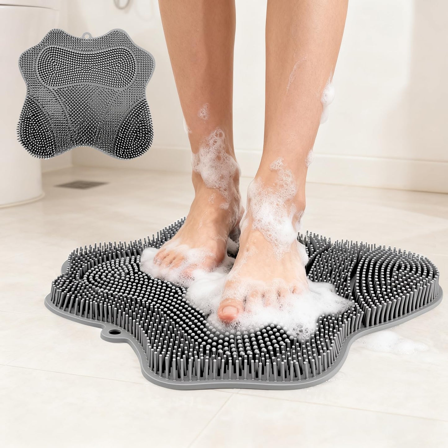 Holyenten Shower Foot Scrubber Mat with Suction Cups, Silicone Exfoliating Foot Washer & Massager for Back and Feet, Non-Slip Bathroom Cleaning Tool (Grey)