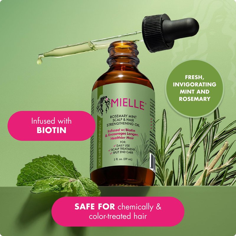 Mielle Organics Rosemary & Mint Hair Oil - Strengthening Biotin Oil for Frizzy & Damaged Hair | 2 Ounce Treatment