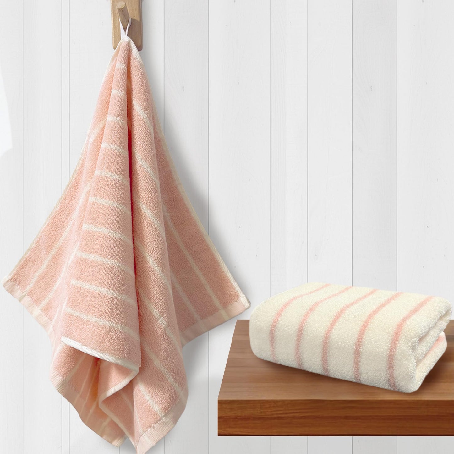 VOOVA & MOVAS Pink Stripe Natural Cotton Hand Towels Set of 2, 13"x29" – Medium Weight 420GSM with Hanging Loop, Bathroom & Kitchen Use, Absorbent | PinkGround Design for Modern Home