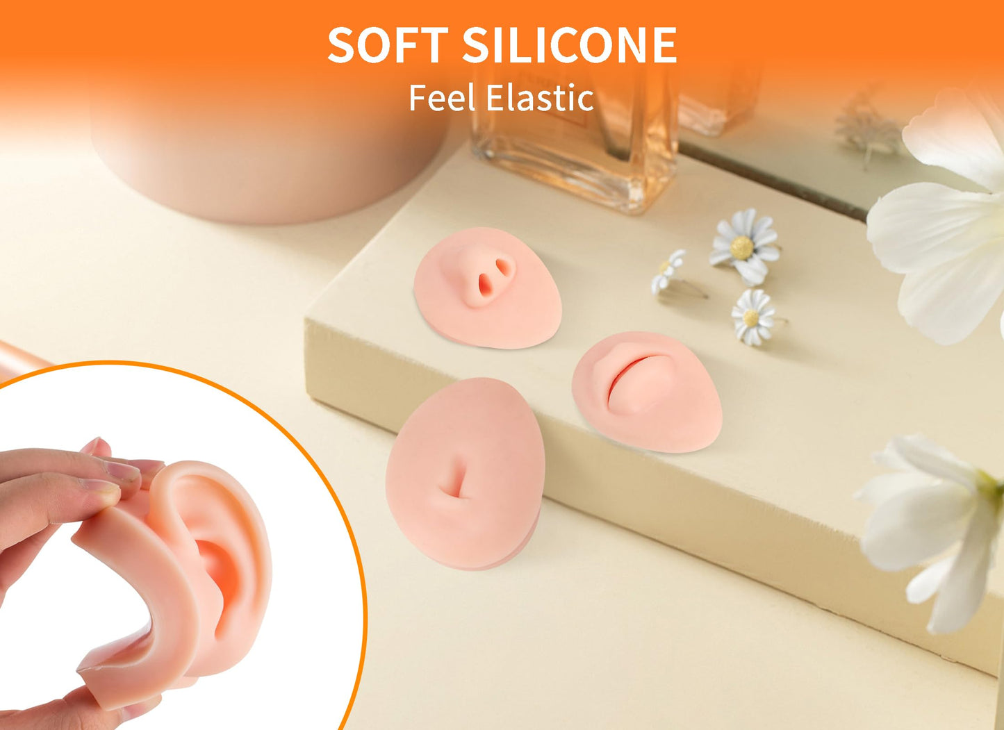 Soft Silicone Flexible Model Body Part Displays Set, Silicone Tongue Mouth Nose Eye Navel Ear Model for Piercing Practice and Jewelry Display Acupuncture Teaching Tool, Education (Light Skin Colour)