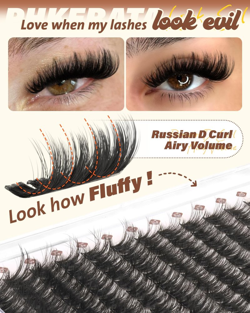 PHKERATA Fluffy Lash Clusters Kit D Curl Wispy Eyelash Clusters Kit, 3D Volume Cluster Eyelash Extensions Kit DIY Individual Lashes with Bond and Seal & Tweezers, 144pcs, 10-16mm