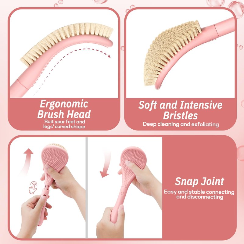 GEENOA Foot Brush & Back Scrubber Set, 27.5'' Adjustable Foot Scrubber for Shower, 18.9'' Shower Back Scrubber with 3-Length Usage, Great Aid for People with Limited Mobility(Pink Set)