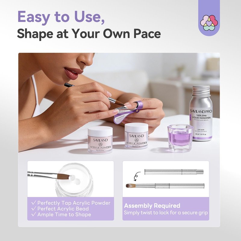 SAVILAND Acrylic Nail Kit for Beginners: Clear Pink Nude Acrylic Powder and Liquid Set with #12 Nail Brush File Forms Dappen Dish for Acrylic Nails Extension & 3D Carving Home DIY Salon Manicure