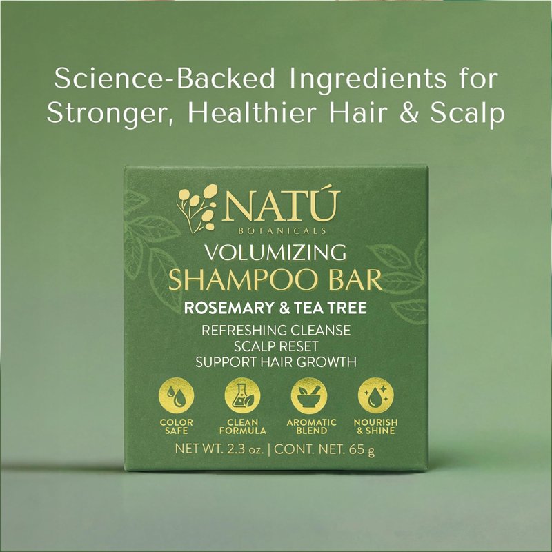 NATÚ BOTANICALS Volumizing Shampoo Bar – Rosemary & Tea Tree Scalp Reset, Lightweight Solid Shampoo for Lift, Shine & Hair Growth Support, Travel-Friendly Sulfate-Free Shampoo Bar, 2.3 oz