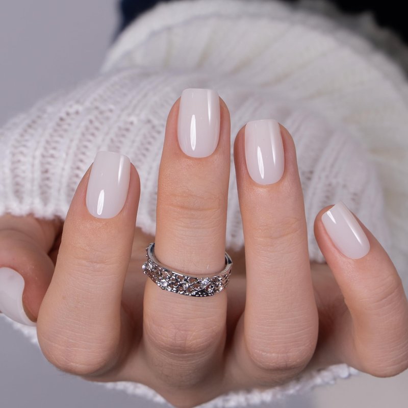 CurvLife Milky White Square Press on Nails Short, Soft Gel Fake Nails with Clean Nude Apricot Design Full Cover False Nails Glossy Nude Glue on Nails Artificial Stick on Nails for Women