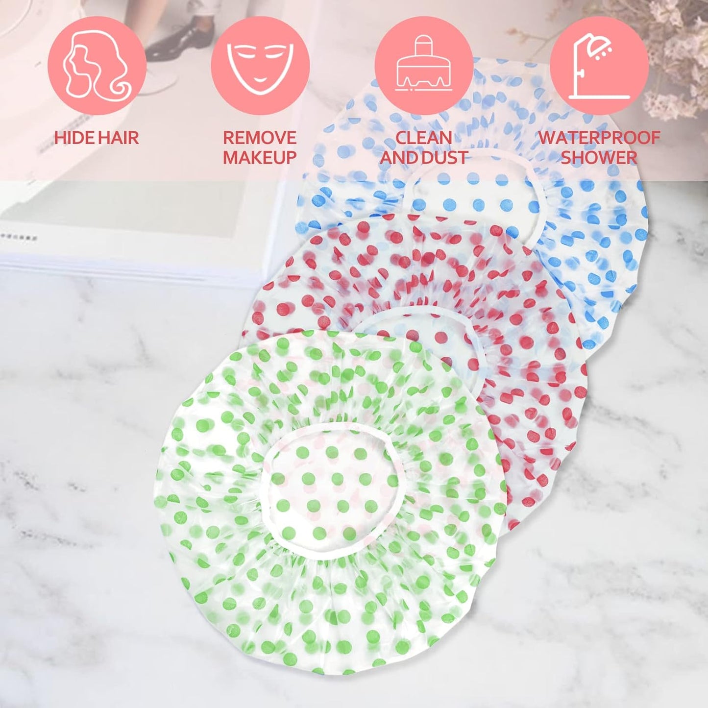 Skiennix Shower Caps - 3PCS Elastic Waterproof Reusable Caps for Women | Spa & Salon Use (Red, Green, Blue)