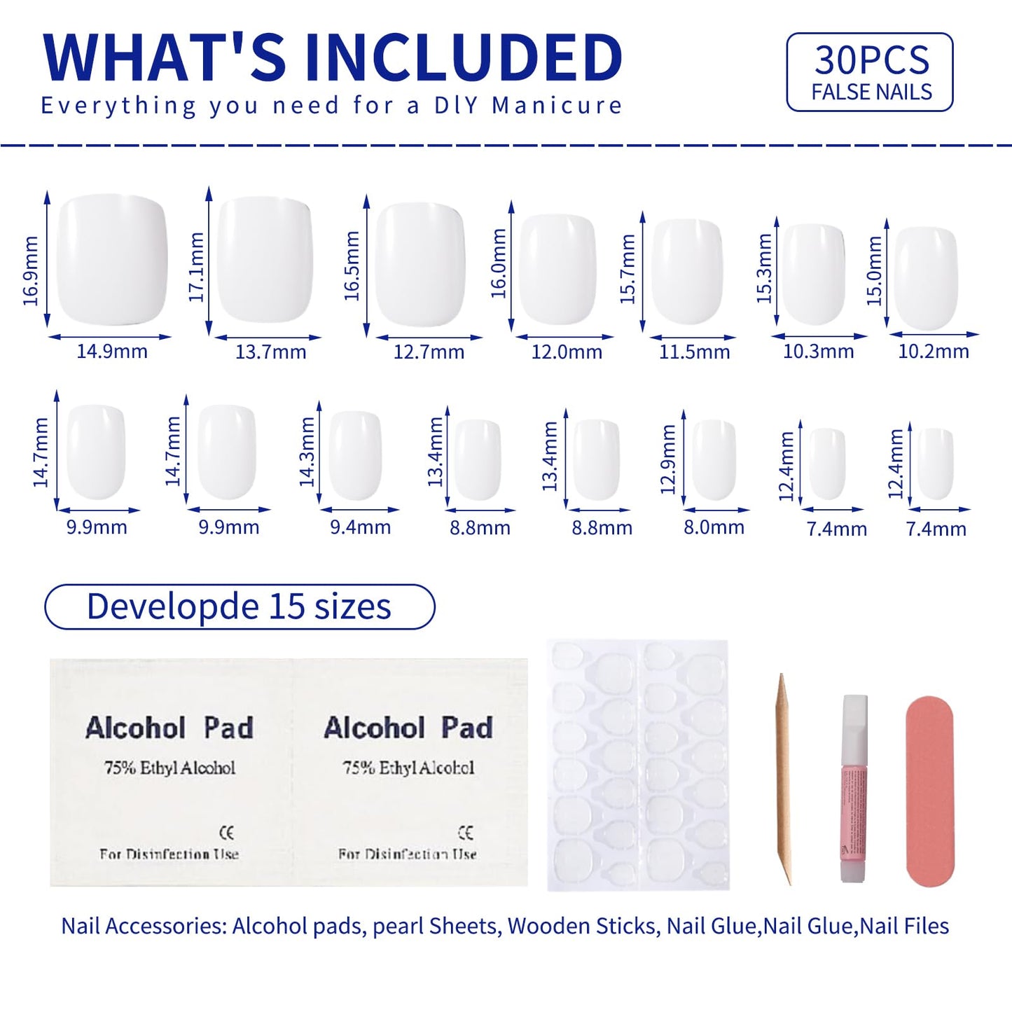 Stbisen Milky White Press On Nails Short, Glossy Soft Gel Press On Nails Square with Nail Glue, 15 Sizes - 30 Fake Nails Kit, Thick Natural Reusable Glue On Nails for Women, White Mirage