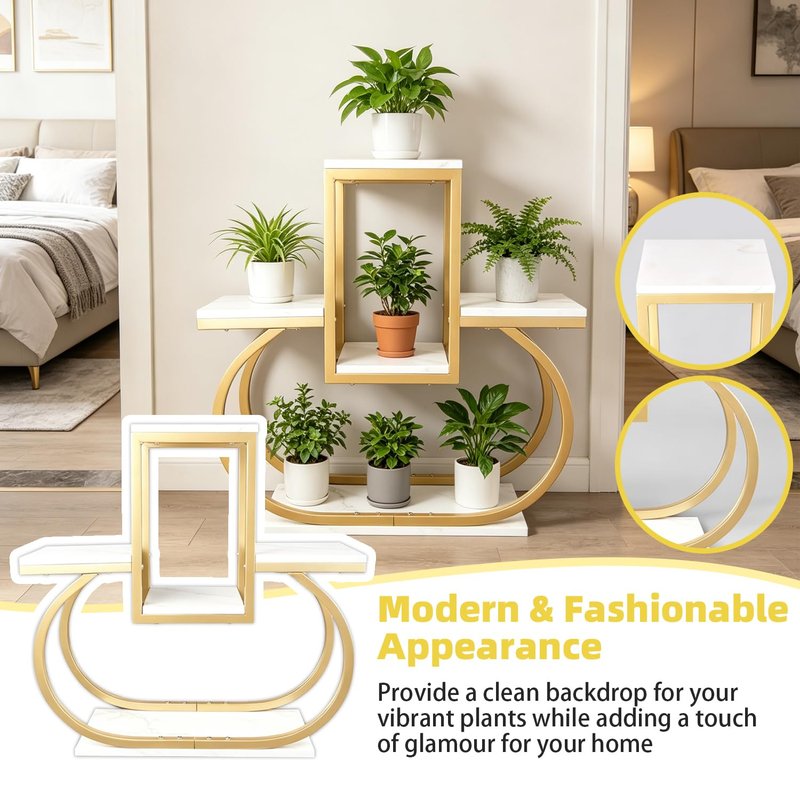 BAINAHUAN Plant Stand for Indoor & Outdoor Use – Gold Tiered Multi-Tier Flower Pot Holder for Living Room, Bedroom, Balcony – Modern Home Decor Storage Rack With Marble-Patterned Shelves