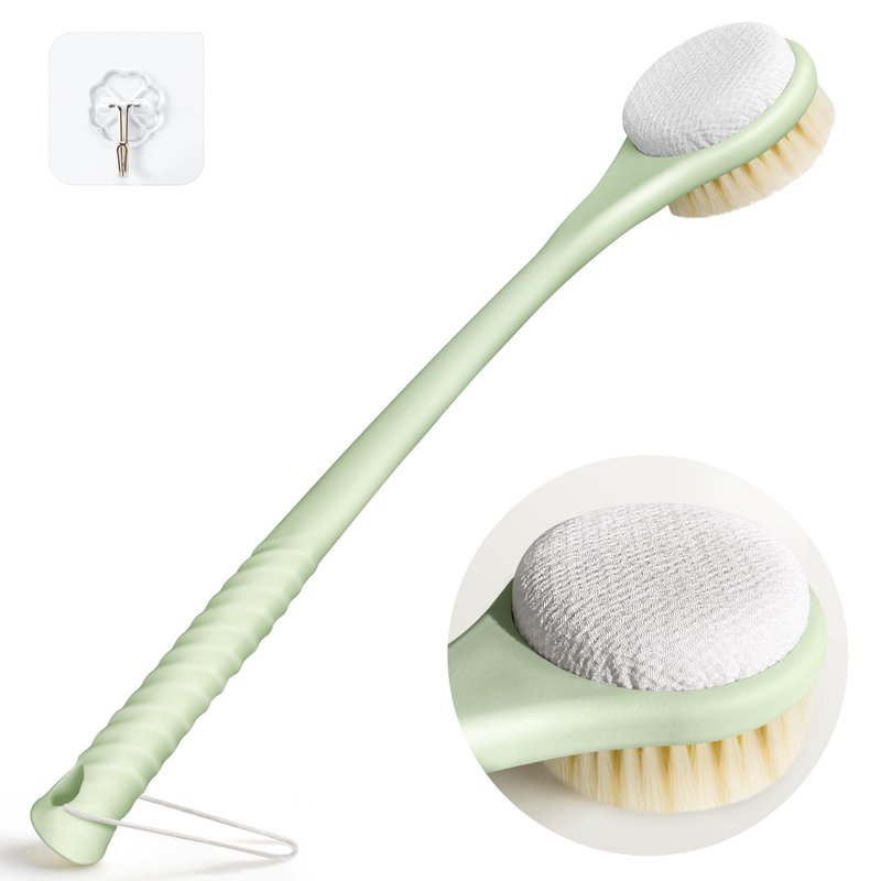 CYMPHW Back Scrubber for Shower with Long Handle, Dual-Sided Bath Brush with Soft Bristles & 150D Exfoliating Cloth, Anti-Slip Grip, Lightweight Back Washer for Shower, Men & Women (Green)