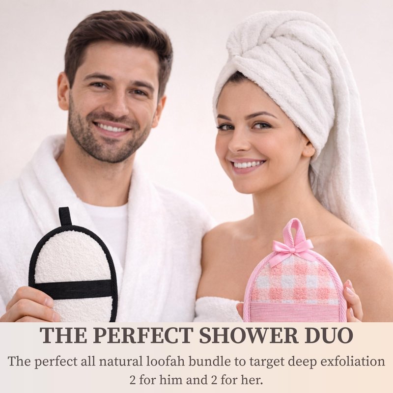 4-Pack Natural Egyptian Loofah Exfoliating Body Scrubber Sponges for Men and Women, Bath Shower Loofahs for Face Back & Body, Individual Loofahs for Couples – 2 for Men, 2 for Women