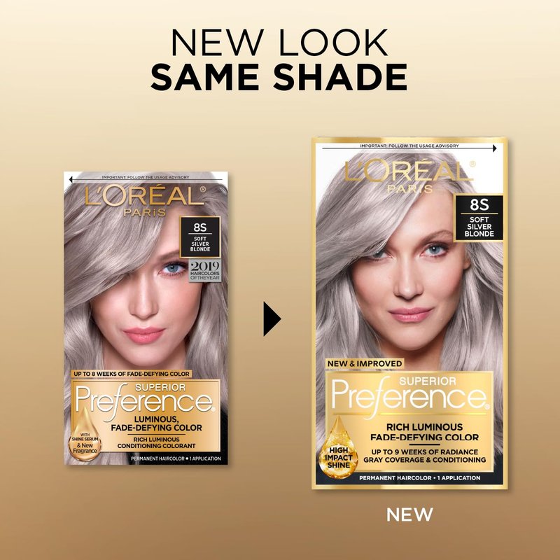 L'Oreal Paris Superior Preference Luminous Fade-Defying Permanent Hair Color, Hair Dye For Up to 9 Weeks of Radiance, Light Silver Blonde 8S, 1 Hair Dye Kit
