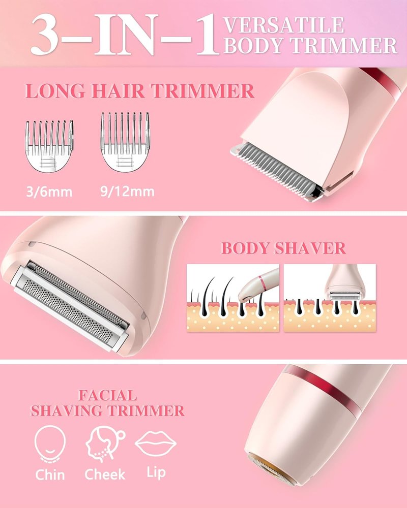 Bikini Trimmer for Women - 3-in-1 Electric Razor for Pubic & Body Hair | IPX6 Waterproof, Pink