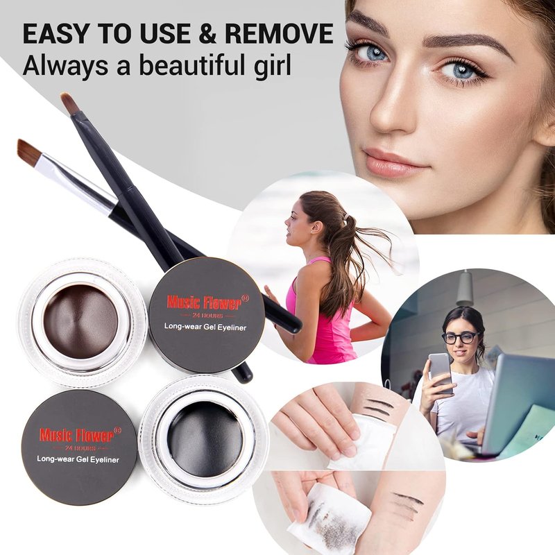 Music Flower Gel Eyeliner - Waterproof, Long-Lasting, Smudge-Proof | Black & Brown, 3g, Pack of 2
