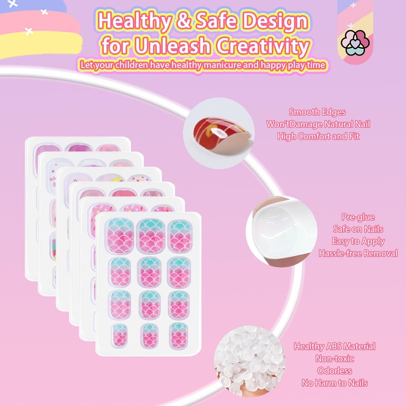 SAVILAND Creative Press on Nails for Kids: 6 Pack Children Fake Nails with 3D Stickers for 8-12 Years Girls Gifts Pre-Glue Full Cover Short Acrylic Nails Artificial False Nail Tips Nail Art Decoration