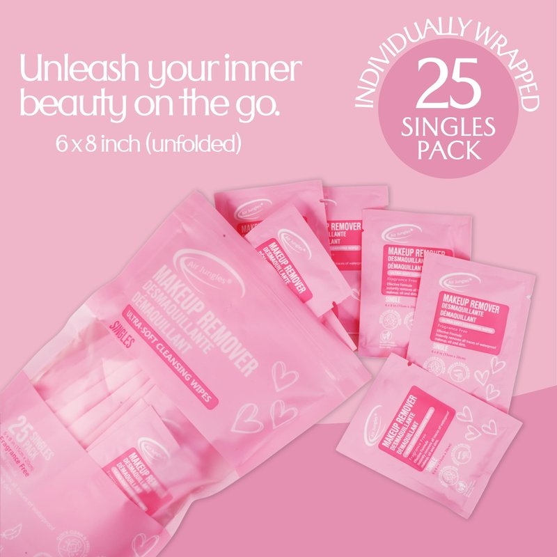 Air Jungles Pink Micellar Makeup Remover Wipes - 25ct Individually Wrapped Travel Size Facial Cleansing Wipes with Vitamin E, Gentle Face Wipes for Sensitive Skin, Gift for Women & Girls