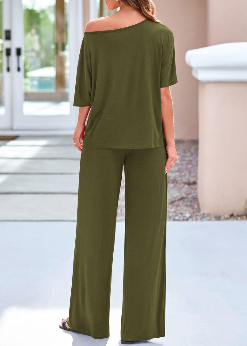 KIRUNDO Lounge Sets for Women Airport Travel Outfit 2026 Summer Off the Shoulder Tops Wide Leg Pants 2 Piece Matching Set
