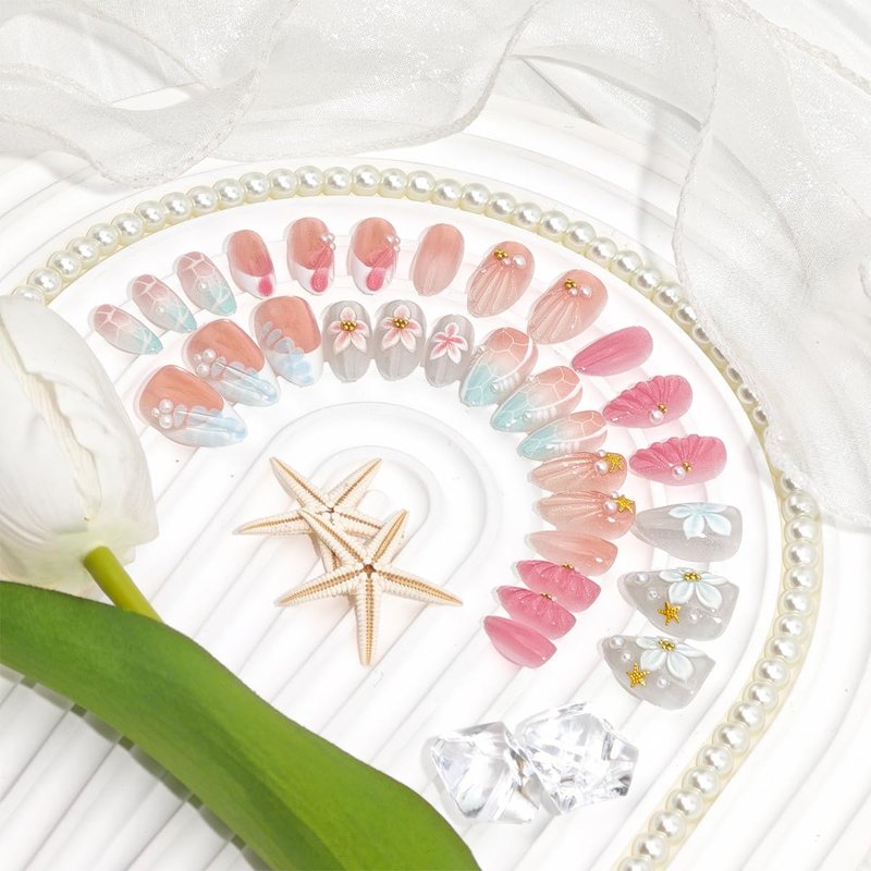 24Pcs Cute Summer Press on Nails Short Almond French Tip Fake Nails with 3D Starfish & Pearl, Glitter Ocean Acrylic Nails Pink Blue Gradient Glossy Reusable Stick On Nails for Women Beach Vacation