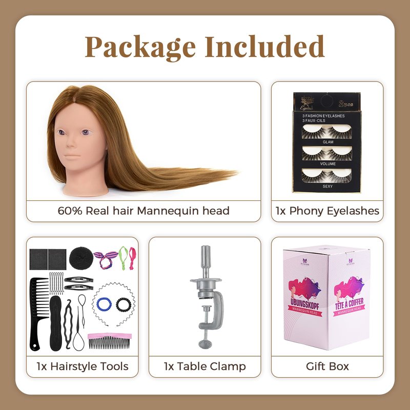 Mannequin Head with 80% Real Human hair- 28" Hair Mannequin Heads for Make up, Braiding Hairdressing Doll Head for Styling with Table Clamp + DIY Hair Styling Set