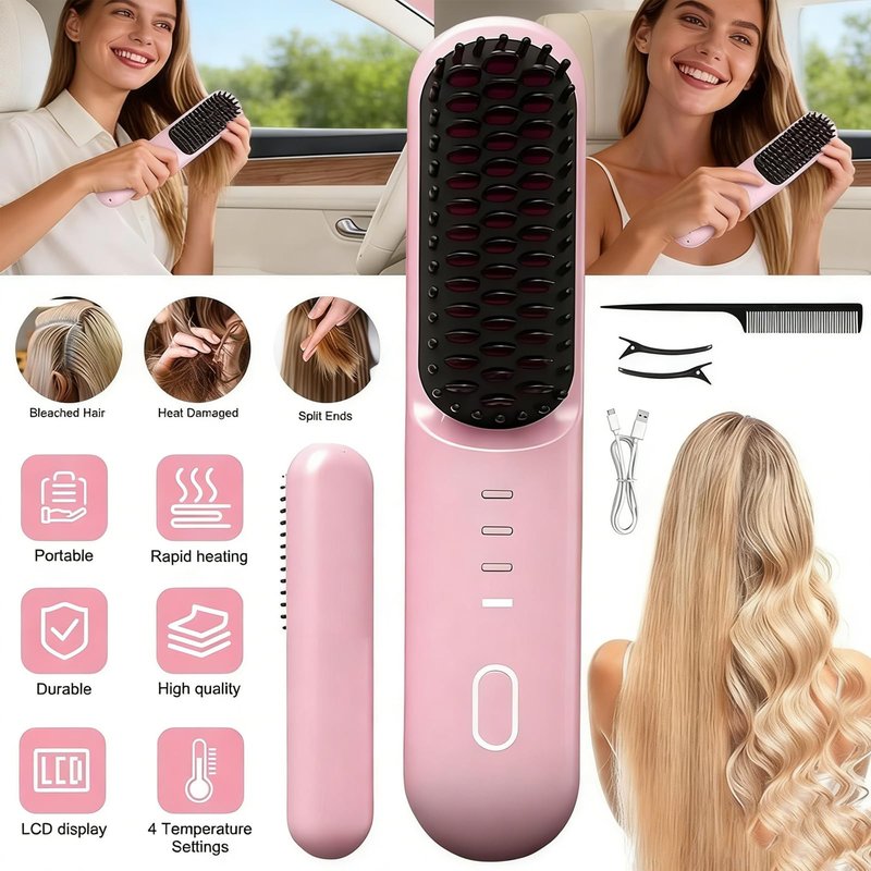 Hounyoln Go Pro Hair Brush for Hair, 4000mAh Cordless NumoyaGo Brush Pro, 30s Rapid Heating, 4 Temp Settings (140-200°C) Hair Straightener Brush (Beige)