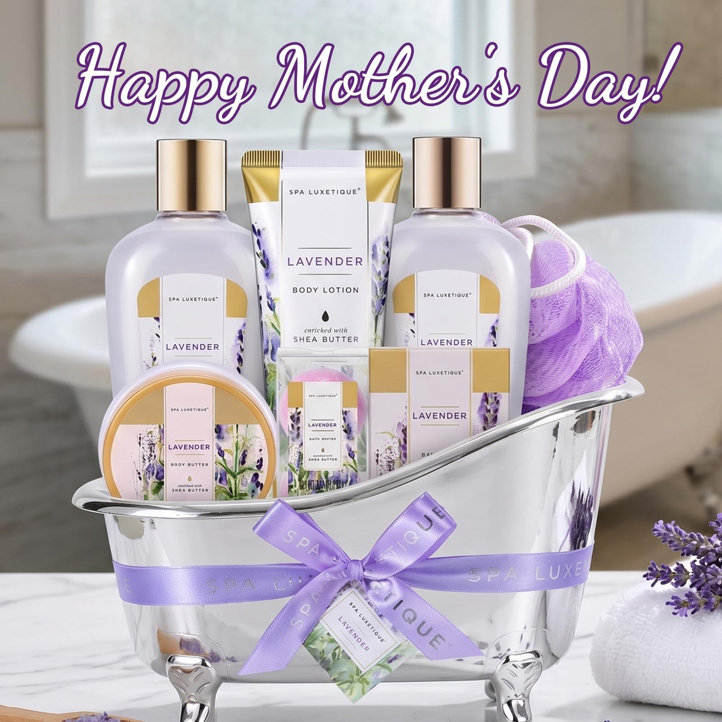 spa luxetique Spa Gifts for Women, Gift Basket, 8 Pcs Lavender Bath Sets with Bubble Bath, Lotion Sets, Birthday Anniversary Gifts for Her, Self Care Kit, Mothers Day Gift for Mom