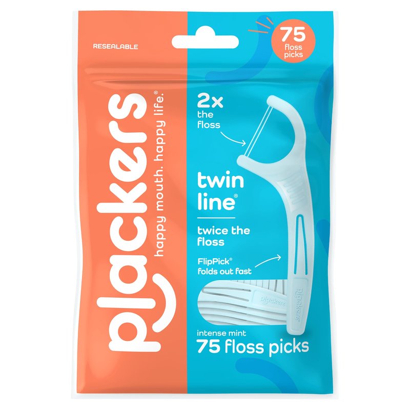 Plackers® Twin Line® Floss Picks with Tuffloss® Fiber & FlipPick®, Intense Mint, Double-Line Flosser for Effective Plaque Removal, 75 Count