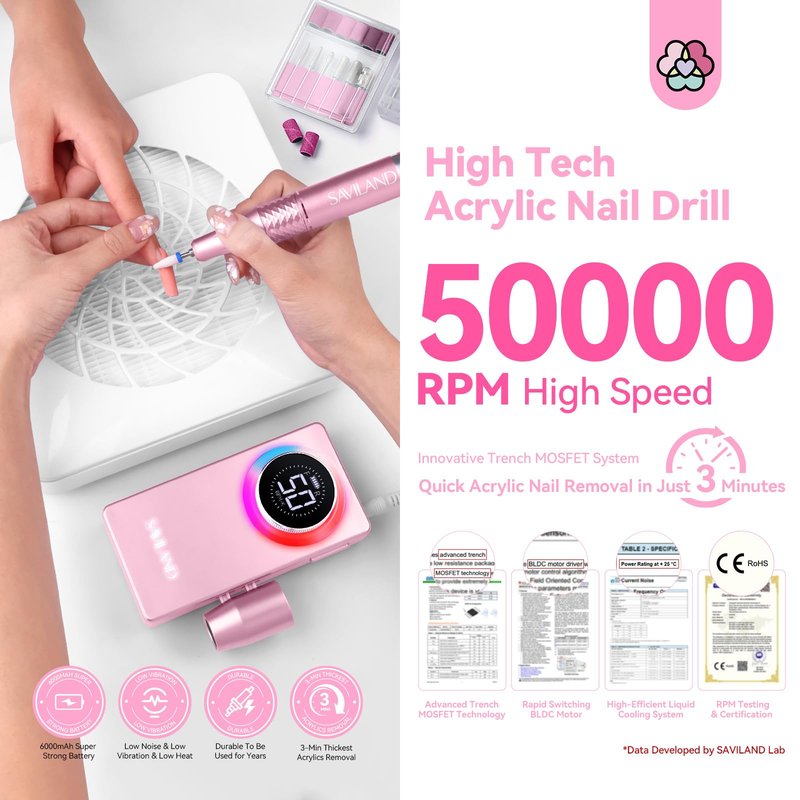 SAVILAND Electric Nail Drill 50000 RPM: Cordless Electric Nail File 10 H Battery Life Rechargeable Nail Drill Kit with Ceramic Drill Bits for Acrylic Nail Removal Ambient Light Black and Pink Ombre