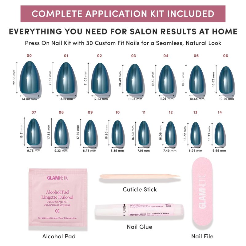 Glamnetic Press On Nails - Green Short Almond Fake Nails with Reflective Glaze Finish | Salon Quality Summer Nails | Midnight Teal |15 Sizes - 30 Nail Kit with Glue