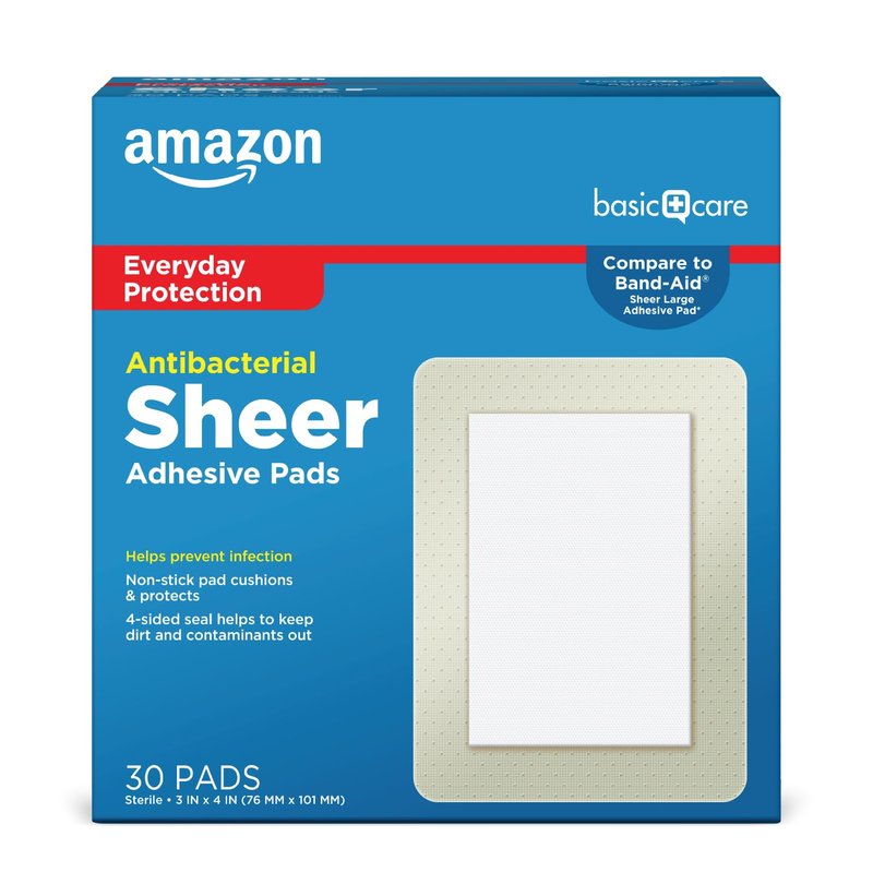 Amazon Basic Care Sheer Adhesive Pad Bandages for Minor Cuts, Scrapes and Wounds, Extra Large 3 x 4 in, Non-Stick Pad, 30 Count