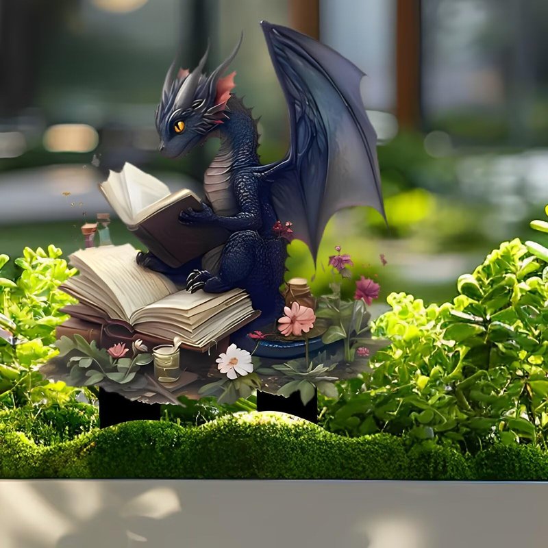 Dragon Reading Book Acrylic Garden Stake, Indoor and Outdoor Decoration, Idea Gift for Flower Potted Ornament and Landscape Beautification, Suitable for Yard, Courtyards and Lawn